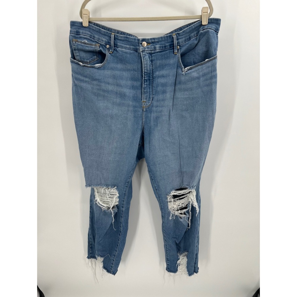 Good American Distressed Skinny Jeans Blue High Rise Raw Hem Size 24